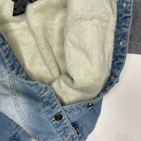 Vigoss Girls Hooded Denim Jacket Size 10 Patches Sherpa Lined Mixed Media - Picture 14 of 15